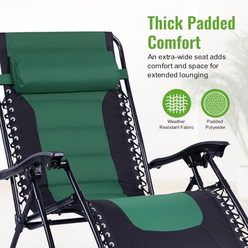 Backyard Expressions Deluxe XL Padded Recliner Zero Gravity Chair – Ergonomic Anti-Gravity Lounger with Folding Design, Side Tray, and Adjustable Headrest - color: Black/Forest Green