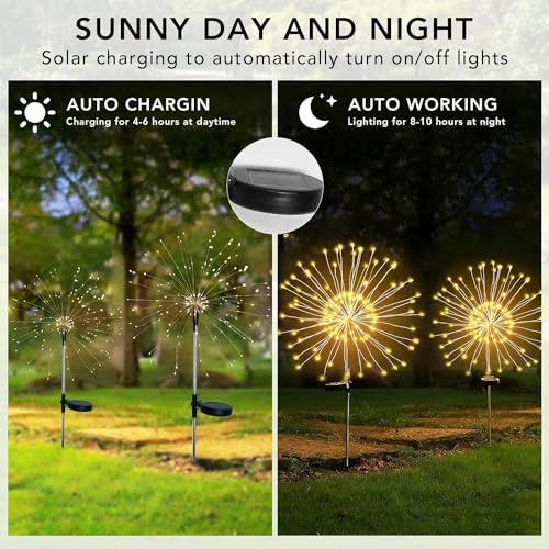 FOOING 4 Pcs Solar Garden Lights Solar Firework Lights, 480 LED Solar Powered String Light 2 Modes Twinkling Solar Lights for Garden, Wedding, Party, Patio(Warm White), 100182987 - style: 4 pcs-120