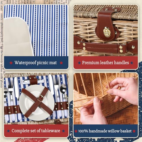 Wicker Picnic Basket for 2 with Waterproof Picnic Blanket and Insulated Bag Classic Blue and White Star Stripes Pattern for Soccer Game, Camping, Travel, Birthday Gift, Wedding Gift - color: Blue and White Stars