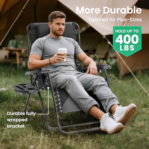 Zero Gravity Chair Oversized Padded Recliner with Adjustable Headrest & Cup Holder - XL 600D Oxford Folding Lounge Chair for Outdoor Camping, Patio, Poolside (Upgraded Black & Gray) - color: Upgraded Black & Gray, size: 1 PCS