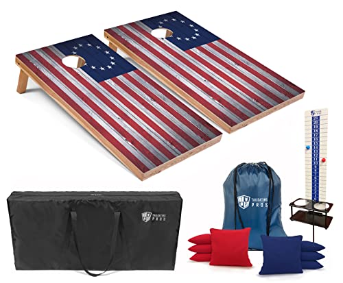 Tailgating Pros 4x2 Regulation Cornhole Boards Flag Set- Includes 8 Bean Bags, Carrying Cases, and Score Keeper - Optional LED Lights - color: 13 Stars Flag, size: 4'x2' Tournament Grade Boards w/Built-in LEDs