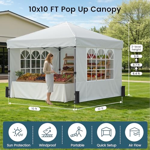 Raynesys Pop Up Canopy Tent with Sidewalls, 10x10ft 10 Person Party Tent One Push Setup, Portable Gazebo Outdoor Sun Shade for Events, Parties, Camping, Commercial, Silver Coated Top, White - color: White