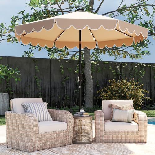 Tangkula 10FT Solar LED Patio Umbrella, 2-Tiers Scalloped Outdoor Table Market Umbrella with 24 LED Lights, Vented Top, Tilt Adjustment, Crank, 8 Ribs for Backyard Poolside Deck Beach Lawn (Coffee) - color: Coffee, size: 10Ft