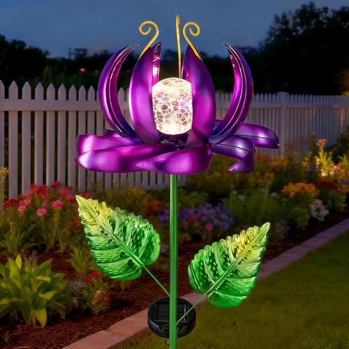 Solar Yard Lights Wind Spinners- Metal Lotus Flower Garden Decor LED Crackle Glass Globe Yard Art Sculpture Solar Stake Lights for Patio Pathway Lawn Walkway (Purple-Large) - color: Purple-large