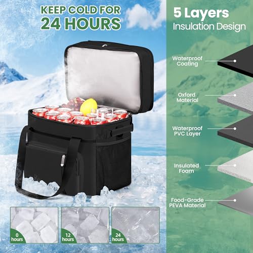 MIYCOO Cooler Bag Double Deck - 60 Can Leakproof Insulated Portable Soft Lunch Cooler, Extra Large Expandable Ice Chest Cooler for Beach, Picnic, Camping, Shopping - color: Black, size: 30l
