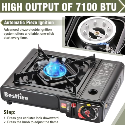 BESTFIRE Portable Dual Fuel Camping Stove - 10,000 BTU Butane and Propane Stove with Adapter & Case - Single Burner Gas Stove for Outdoor Cooking, Tailgating & Emergency