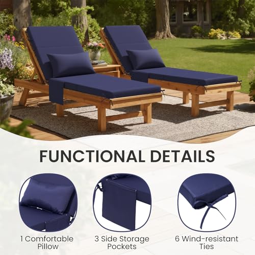 Crestlive Products Foldable Outdoor Chaise Lounge Cushions with Head Pillow and Side Pockets, Water Resistant & Fade Resistant Lounge Chair Cushion, 72''L x 21''W, Navy - color: Navy, size: 72"l X 21"w