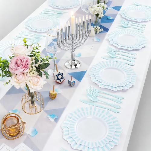 COLOSUS 150pcs Disposable Blue and White Striped Easter Plastic Party Plates and Silverware set, Light Blue Dinner/Dessert Plates silverware serve 30guests for Birthday, New Year and Daily use. - color: white+light blue