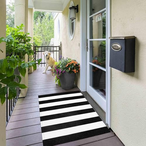 LEEVAN Black and White Outdoor Rug 2.3' x 3.6', Washable Striped Front Porch Rugs, Cotton Woven Layered Front Door Mat, Farmhouse Entryway Rug Reversible Foldable Indoor Doormat for Layered - color: Black and White Stripes, size: 2'4" x 3'7" (Rectangular)