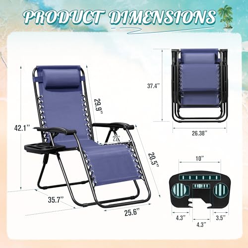 Homall Zero Gravity Chair Patio Folding Lawn Outdoor Lounge Gravity Camp Reclining Lounge Chair with Cup Holder Pillows for Poolside Backyard and Beach Set of 2 (Blue) - color: Blue, size: 2 PCS