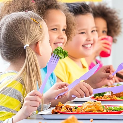 Travel Utensils Set - Reusable 5 Sets Wheat Straw Plastic Cutlery with Case, Portable Forks Spoons and Knives Set, Eco-Friendly BPA Free for Daily Use (5 Purple) - color: 5 Purple