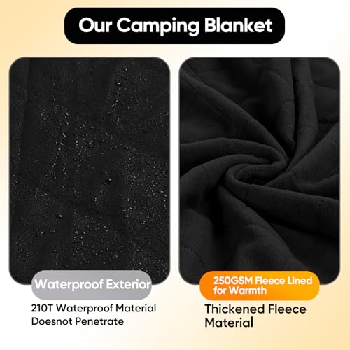 Waterproof Camping Blanket w/Fleece Lining, Large Stadium Blankets for Outdoor Cold Weather, Windproof Emergency Throw, LightWeight and Warm for Hiking, Dog, Picnic, Washable, 67”X 87” (Black, 1PCS) - color: Fleece Black-250 Gsm, size: 87"x 67"