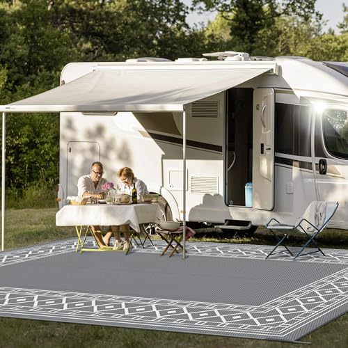 GENIMO Outdoor Rug Waterproof Area 10'x14' for Patio, Foldable Reversible Plastic Straw Carpet for Travel Trailers, Outside Mat for Rv, Deck, Picnic, Porch, Camper, Balcony, Beach, Grey & White - color: Grey & White | Natural, size: 10' x 14' (Rectangular