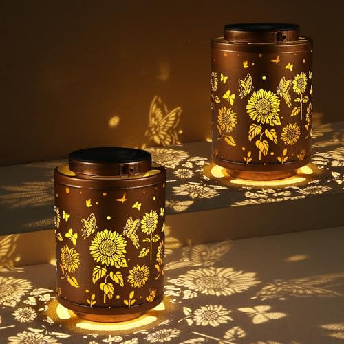 Tepaken 2 Pack Solar Outdoor Lanterns, Garden Decor LED Light Hanging Waterproof Solar Metal Lantern Birthday Gifts for Women Mon Grandma Sunflower Solar Lights Outdoor Decoration(Butterflies) - style: Style_ Butterflies_2Pack