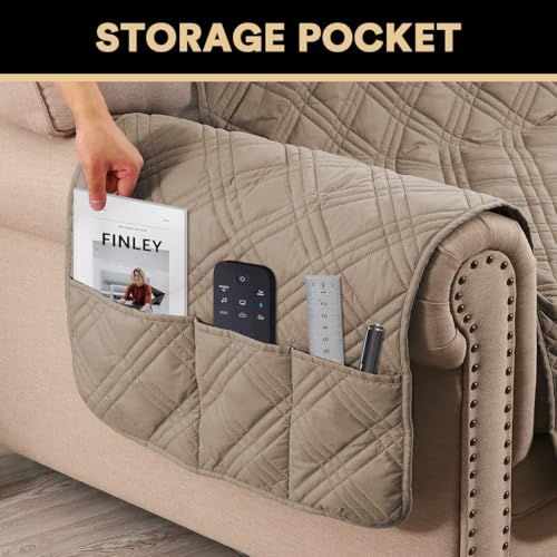 PrinceDeco 100% Waterproof Loveseat Covers for 2 Cushion Couch Sofa Covers Waterproof and Washable Sofa Slipcover with Side Pocket Furniture Protector with Elastic Straps(Loveseat 48", Taupe) - color: Taupe, size: Loveseat