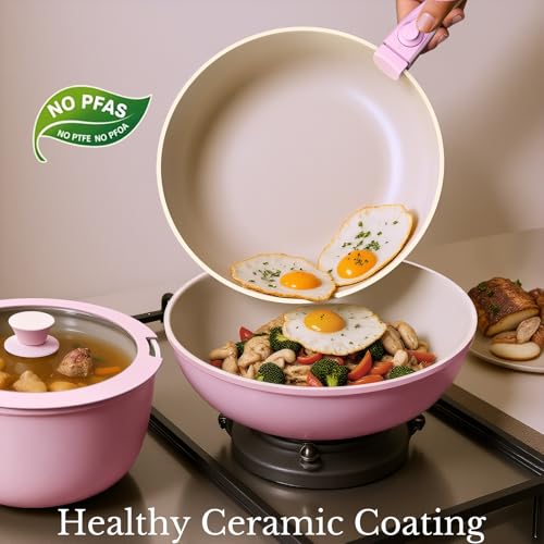 Pots and Pans Set Non Stick, Ceramic Cookware Set Detachable Handle, RV Camping Kitchen Cooking Set Removable Handles, Dishwasher/Oven/Fridge Safe, Induction, Space Saving，PINK - color: Pink