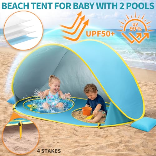 2-IN-1 Baby Beach Tent with 2 Pool for 2 kids,74.8*41.7*35.4 inch UV Protection Sun Shelter Pop Up Play Canopy, Easy setup portable tent for Beach,Camping,Picnic,Poolside,Indoor