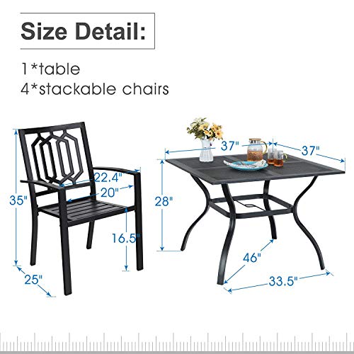 PHI VILLA 5 Pieces Outdoor Dining Set for 4, 37” Black Square Metal Steel Table with Mesh Top & Stackable Wrought Iron Chairs, Outside Furniture Set for Patio, Deck, Backyard, Porch - color: Hexagon Back Chair, size: 5PCS-37" Mesh Top Table