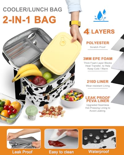 Capolo Lunch Box for Women Men Adults,Insulated Lunch Bag Leakproof Lunch Cooler Box with Removable Strap Cute Lunch Tote Bags Reusable Thermal Lunchbox for School Work Picnic(Small,Cow print) - color: Cow print, size: Small