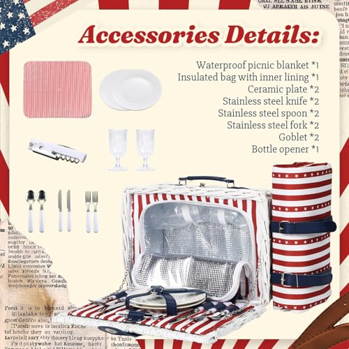 Wicker Picnic Basket for 2 with Waterproof Picnic Blanket and Insulated Bag, Patriotic Red White and Blue Star Pattern for Soccer Game, Camping, Travel, Birthday Gift, Wedding Gift - color: Classic Red White and Blue - 2