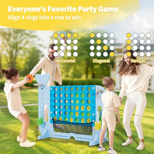 Jumbo 4-to-Score Connect Outdoor Game, 4-Levels Height Adjustable Giant 4-in-a-Row Yard Games with Mesh Net, 4-in-1 Play Design w/Golf, Basketball & Ring Toss for Kids & Adults, Patent Authorized