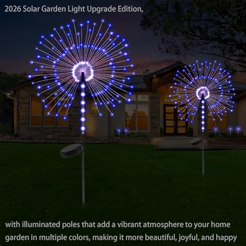2 Pack 250LED Solar Garden Lights Outdoor, Dual Lighting Modes Firework Lights Solar Powered, Waterproof Twinkle Fairy Light Outside for Yard Patio Pathway Christmas Party Decorative(Blue) - color: Blue 02