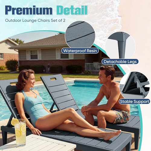 Devoko Outdoor Chaise Lounge Chair Set of 2 with 5-Position Adjustable Back, Waterproof & Lightweight PP Lounge Chairs for Outside Pool Patio (Light Grey) - color: Light Grey, size: 72 in Depth