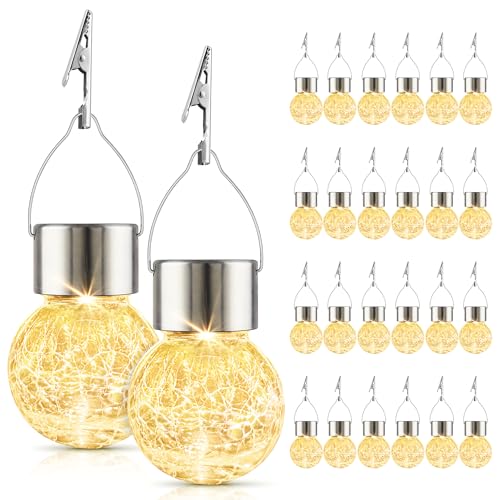 Solar Lights Outdoor Hanging Decorative Globe 24 Pack, Waterproof Solar Lantern with Handle and Clip, Solar Powered Glass Ball Lights for Garden Yard Fence Tree Umbrella Holiday Décor, Warm White - color: Warm White, size: 24