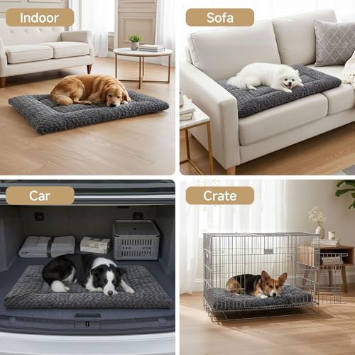 Washable Dog Bed Mat Soft Dog Crate Pad Fluffy Pet Kennel Beds Sleeping Mattress with Non-Slip Bottom for Extra Large Jumbo Medium Small Dogs, 53 x 36 Inch, Grey - color: Grey, size: 53.00" x 36.00" x 1.50"