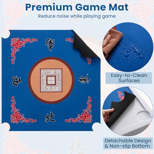 Goplus Mahjong Table, 35" Square Folding Card Table w/4Cup Holders, Anti Slip Mat, HDPE Tabletop, Metal Legs, Portable Mahjong Game Table for Domino Game, Picnic (Table w/Removable Mat, Blue) - style: Blue, Table w/Removable Mat