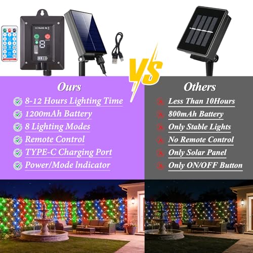 Lovelite 11.5ft x 5ft Solar Net Lights Outdoor, 240LED Christmas Mesh Lights Solar & USB Powered, Waterproof String Lights 8 Modes Green Wire for Bushes Patio Garden Holiday Party Decor (Multicolor) - color: Multicolor, size: 11.5ftx5ft (Green Wire)