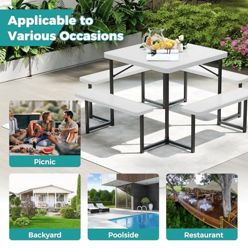 Byroce Outdoor Picnic Table for 4-8 Person, HDPE Picnic Camping Table Set with 4 Benches, Umbrella Hole & Metal Frame, Heavy Duty Square Dining Table Chairs for BBQ in Patio, Yard & Poolside (White) - color: White