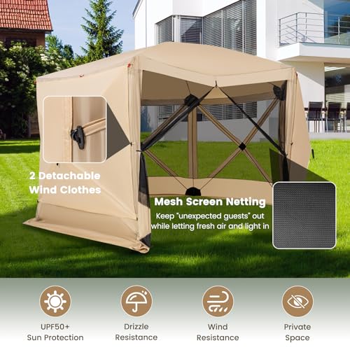 Tangkula 11.5x11.5 Ft Pop Up Gazebo with Netting, Portable Screen Tent with 6 Sided Mesh Walls, 2 Sunshade Cloths, Outdoor Instant Canopy Shelter with Carry Bag for Camping, Lawn, Backyard - color: Coffee, size: 11.5x11.5 Ft