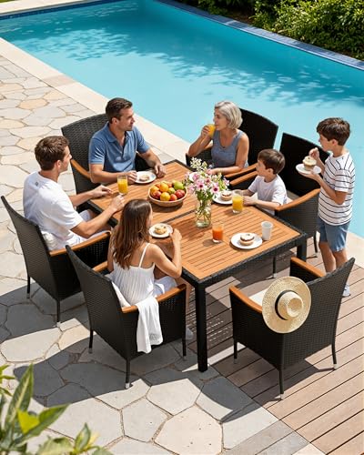 Flamaker 7 Piece Patio Dining Set Outdoor Acacia Wood Table and Chairs with Soft Cushions Wicker Patio Furniture for Deck, Backyard, Garden - color: Black, size: 7 Piece