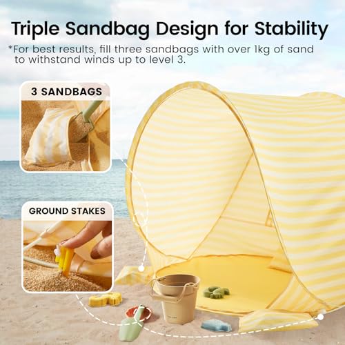 Tiny Land Baby Beach Tent – Pop Up Baby Tent with UV Protection, Portable Baby Beach Essentials, 35.4"x27.6"x31.5" Sun Shelter for Infants, Baby Summer Outdoor Use (Pastel Yellow Stripes) - color: Pastel Yellow Stripes