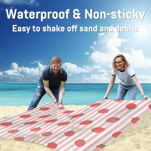 Strawberry Strip Lightweight Beach Blanket Waterproof Sandproof 59"X68" Sand Free Beach Mat with 4 Stakes Compact Outdoor Blanket for Beach Quick Drying Picnic Mat for Travel Camping