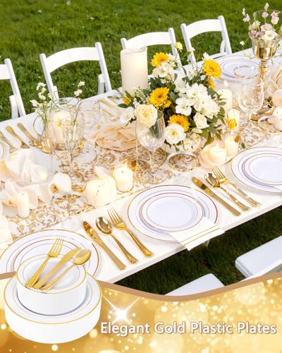 GATHER 350PCS Gold Plastic Plates - White and Gold Disposable Plastic Dinnerware Set Include 50 Dinner Plates, 50 Dessert Plate, 150 Silverware, 50 Napkins, 50 Cups for Party & Wedding - color: Gold, size: 50 Guests