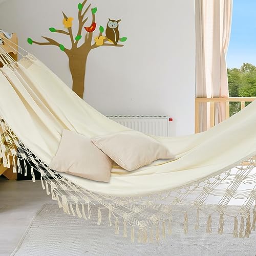JoyView Boho Macrame Double Hammock with Hanging Ropes & Elegant Tassels 86.6x59 Portable Cotton Hammock for Patio Backyard Porch 450LBS Weight Capacity Perfect for Outdoor/Indoor - Beige Color - color: Natural White With Tassel