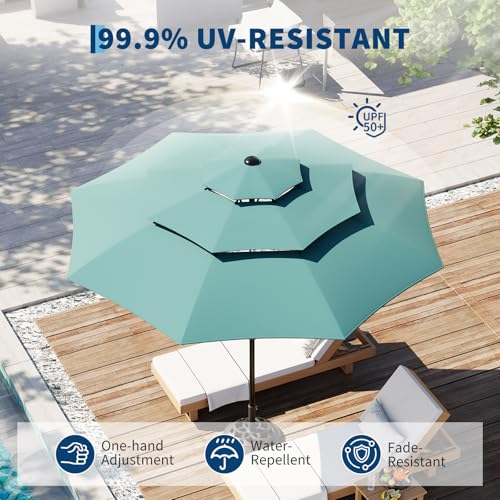 Garvee 10Ft 3-Tier Patio Umbrella, Outdoor Table Umbrella with Vents, Easy Crank and Push Button Tilt, Market Umbrella with 8 Sturdy Ribs for Pool, Deck, Yard, Garden -Turquoise - color: Turquoise, size: 10FT