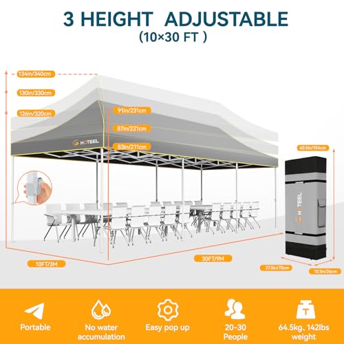Hoteel 10x30 Pop Up Canopy Tent Heavy Duty with 5 Sidewalls, Waterproof Party Tent, Easy Set-up Commercial Instant Tents with Roller Bag & Sandbags, Hexagonal Leg (1-Year Warranty) - color: Gray, size: 10×30 （5 Walls）