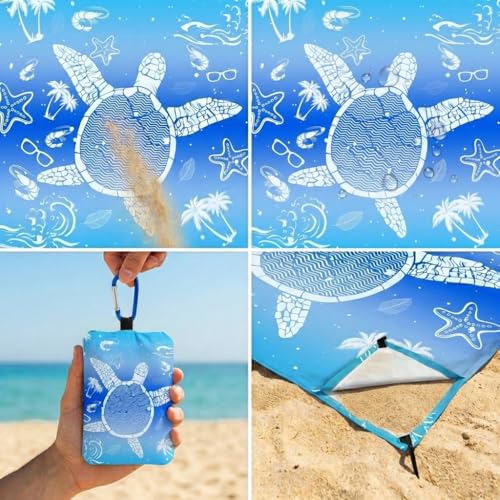 Oversized Beach Blanket (79" x 79") - Sandproof & Waterproof Outdoor Picnic Mat for 4-7 Adults - Lightweight, Foldable & Portable Ground Cover for Travel, Camping, Festivals - color: Sea Translucent Turtle
