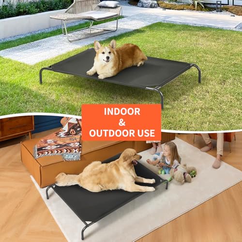 Outdoor Elevated Dog Bed, Cooling Breathable Raised Dogs Cot Beds for Large Dogs, Outside Portable Pet Hammock, Black Metal Frame, Skid-Resistant Feet, Easy Clean, Indoor Outdoor Use,51.1×31.5×7.4 in