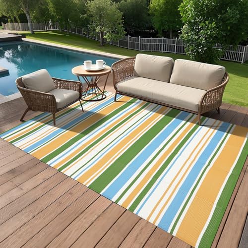 GarveeHome 9x18 Outdoor Rug Geometric Reversible Plastic Straw Outdoor Rugs Colorful Striped Outdoor Carpet UV Resistant Portable Large Rug for Camping Beach Porch RV Deck, Yellow Blue Green White - color: Geometric Stripes| Yellow Blue Green White, size: