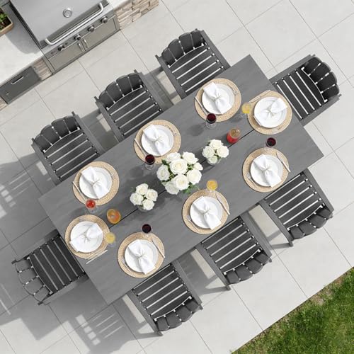 9-Piece Patio Dining Set for 8, 89.76” Oversized Table, Large HDPE All-Weather Outdoor Furniture with Umbrella Hole Table, 8 Armchairs, Gray - color: Grey, size: Oversized Table&8 Armchairs
