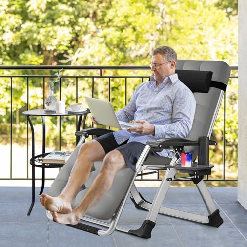 Slsy Zero Gravity Chair, Reclining Lounge Chair with Removable Cushion & Tray for Indoor and Outdoor, Patio Recliner Folding Reclining Chair - color: Buff Grey, style: Zero Gravity Chair