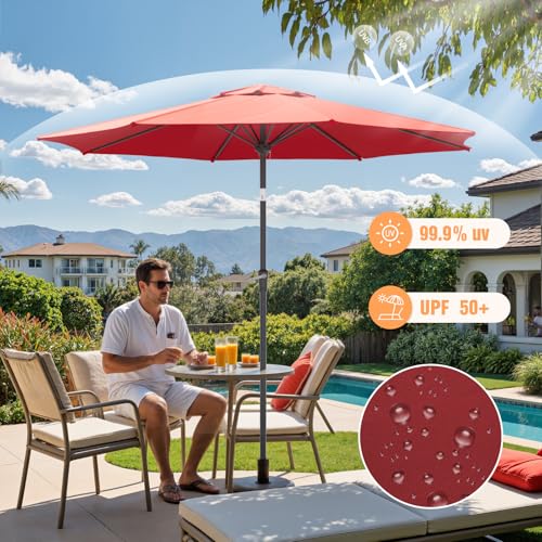 Outdoor Patio Umbrella, Table Umbrella with Push Button Tilt and Crank, 8 Ribs Market Umbrella - color: Red-Steel Ribs, size: 9FT