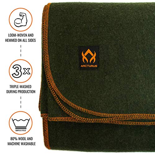 Arcturus Military Wool Blanket - Warm, Thick, Washable - Great for Outdoors, Camping, Stadium Blanket, Picnics, Travel - Car & Bushcraft Survival Kits - color: Olive Green