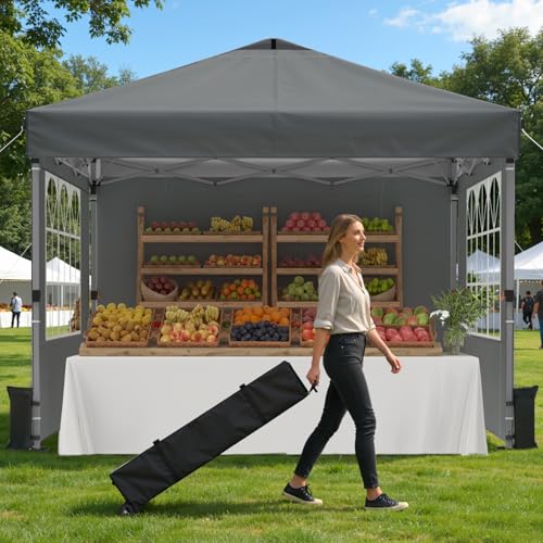 Raynesys Pop Up Canopy Tent with Sidewalls, 10x10ft 10 Person Party Tent One Push Setup, Portable Gazebo Outdoor Sun Shade for Events, Parties, Camping, Commercial, Silver Coated Top, Gray - color: Gray