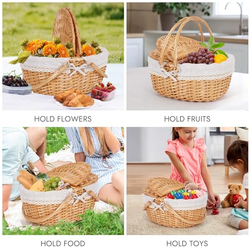 Happypicnic Wicker Picnic Basket with Handle, 15" Large Empty Picnic Basket with Lid & Removable Liner, Vintage Hand Woven Basket for Picnics, Camping, Veg Picking, Mother'S Day, Thanksgiving (Flower) - color: White Flower, size: Large
