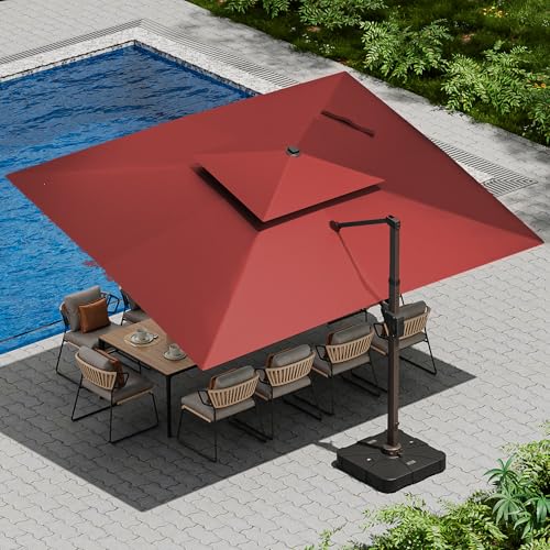 10 X 13 FT Cantilever Patio Umbrella with Led Lights and Base Included Outdoor Heavy Duty Double Top Rectangle Offset Umbrellas with 360-degree Rotation for Pool Deck Backyard, Wine Red - color: Wine Red, size: 10' X13'-Weighted Base Included